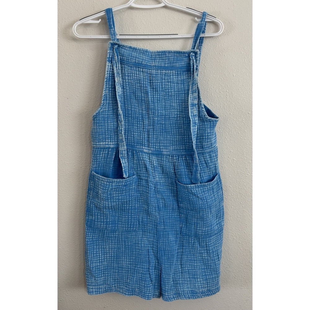 Zenana Women's L Blue Acid Wash Cotton Gauze Romper Shortalls Tie Strap Pockets